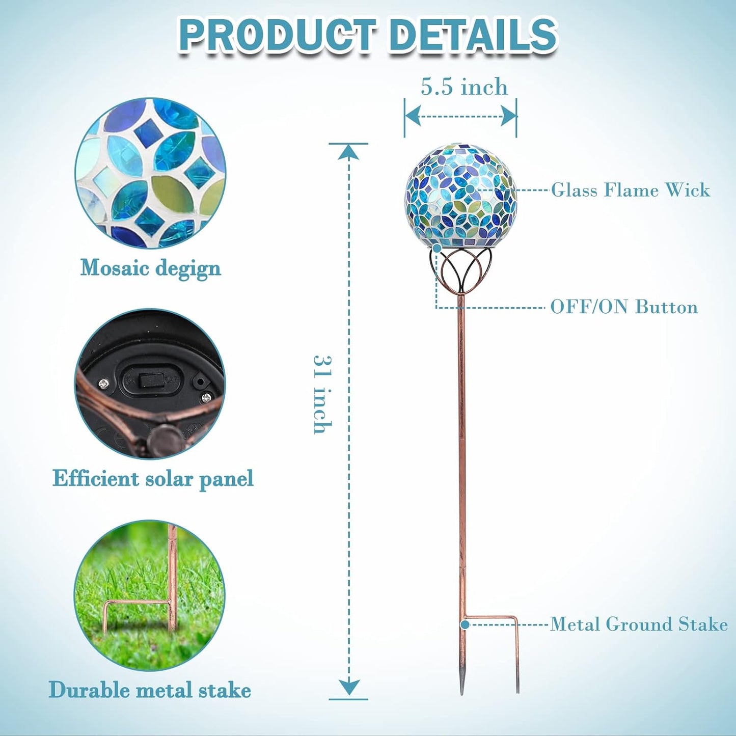 Solar Lights Outdoor Decorative, Solar Gazing Ball Mosaic Garden Stakes Decorative Waterproof