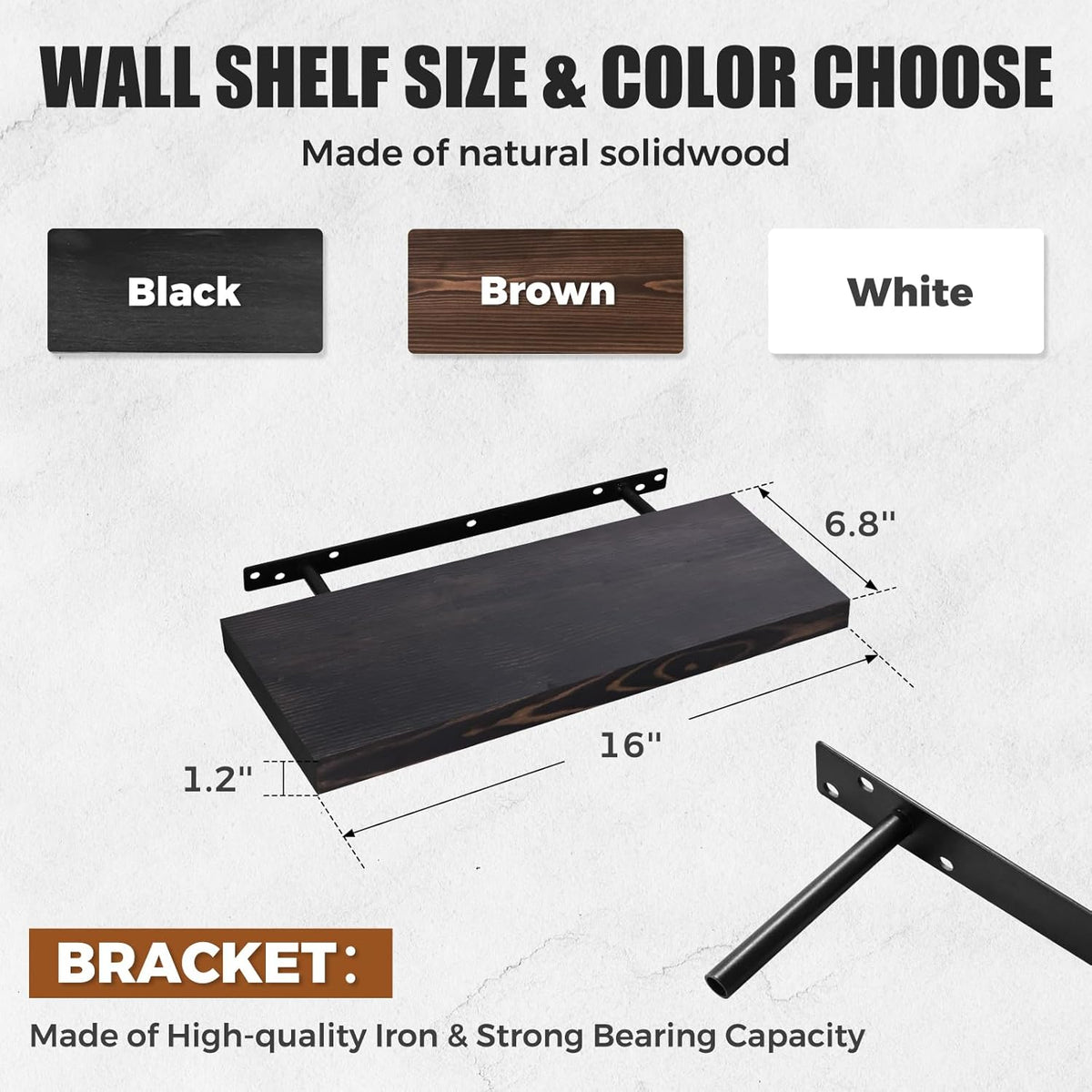 Floating Wall Shelves - 16"x6.8"x1.2" Sturdy Rustic Black Solid Wood Shelves for Storage and Décor