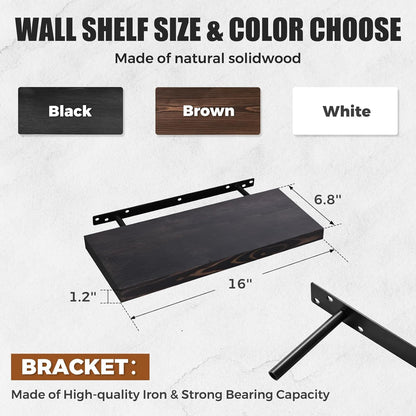 Floating Wall Shelves - 16"x6.8"x1.2" Sturdy Rustic Black Solid Wood Shelves for Storage and Décor