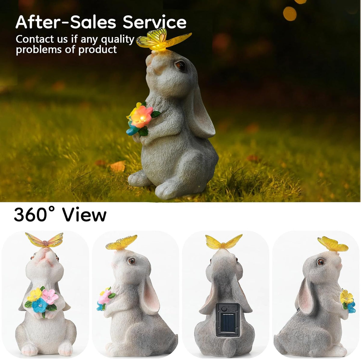 Solar Bunny Statues Light with Butterfly LED - Auto On/Off Weathproof Resin Garden Figurine Decor