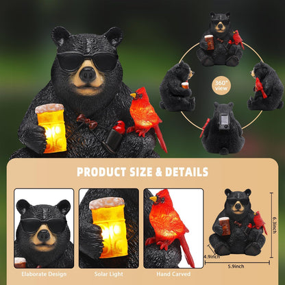 Solar Black Bear Statue for Garden with Beer and Cardinals 6.3" Resin Garden Statues for Outside
