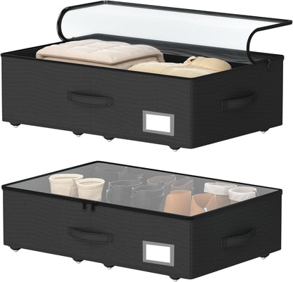 Underbed Storage Bins with Wheels, No Assembly Required - 7.5 inch height Black Large Capacity