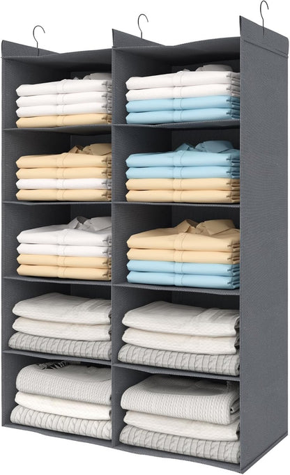 5 Tier Shelf Hanging Closet Organizer, Dual-Row 10 Pocket Cloth Hanging Shelf with 3 Sturdy Hooks