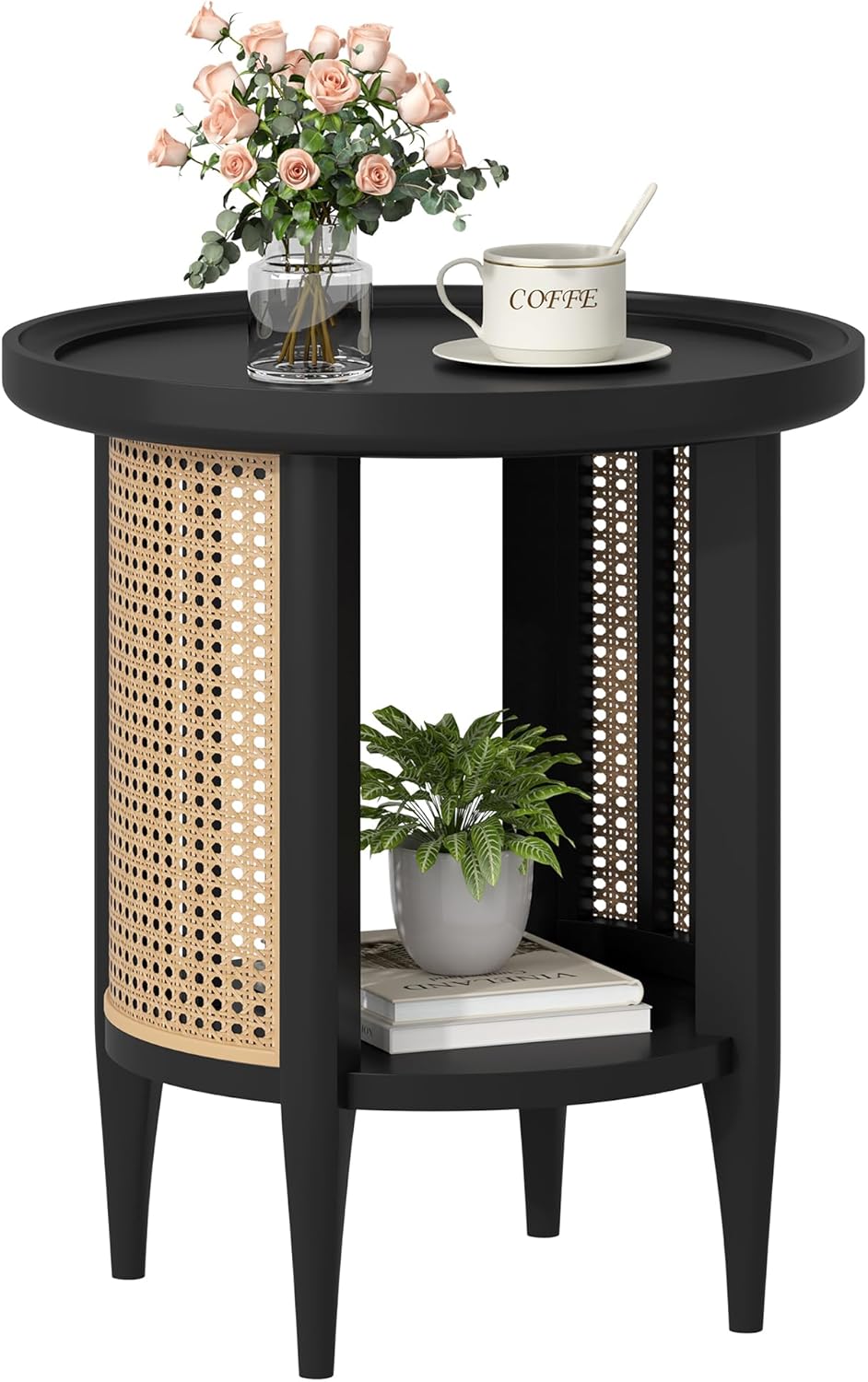 Yusong Round End Table Rattan Side Table with Solid Wood Legs, Boho Style Nightstand Bedside Table