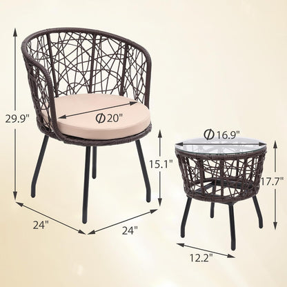Kromax 3 Piece Bistro Set, Modern Outdoor Wicker Patio Furniture with Tempered Glass Table Top and