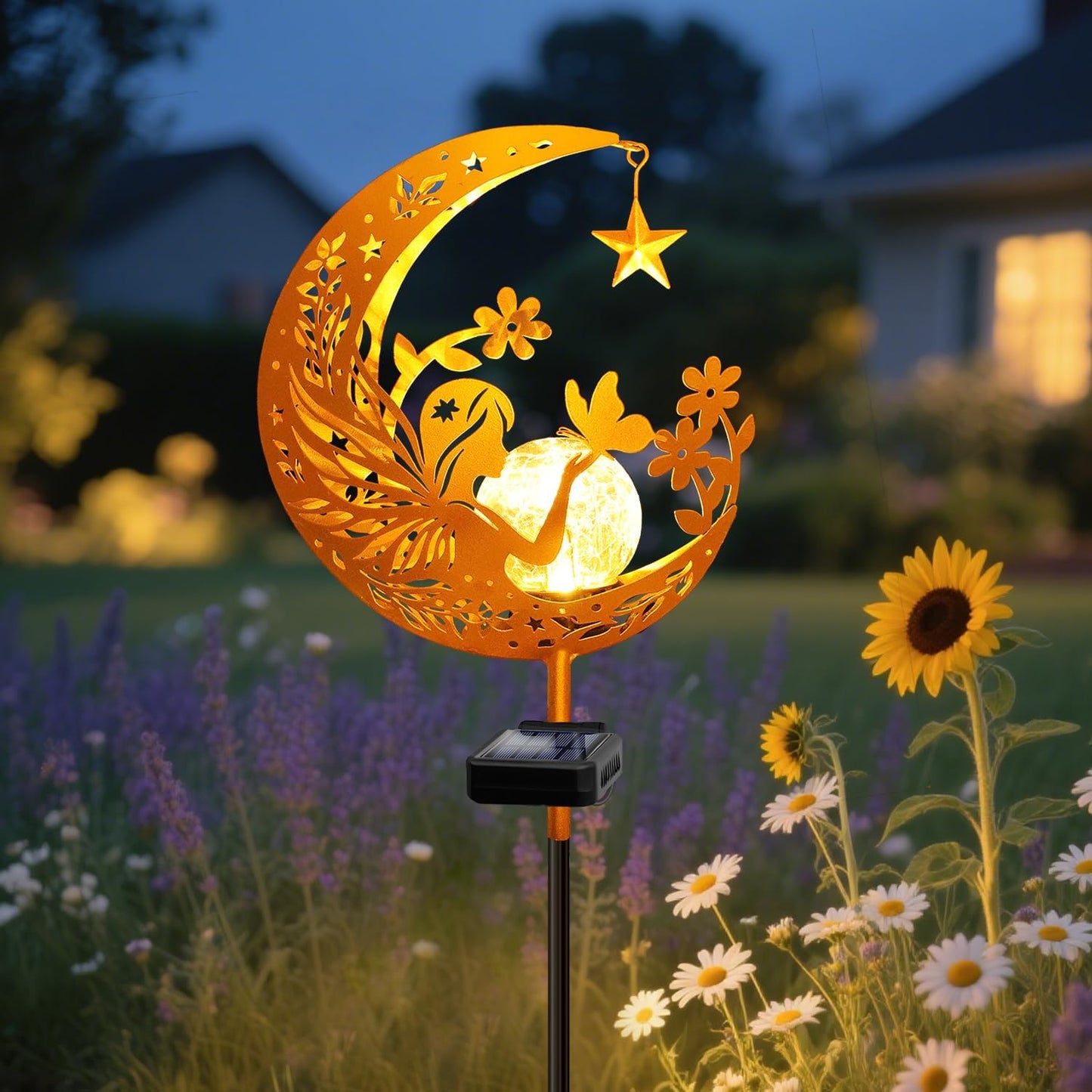 YJFWAL Garden Solar Fairy Lights Pathway Stake Lights Glass Globe with Moon Angel Decor, Gifts for