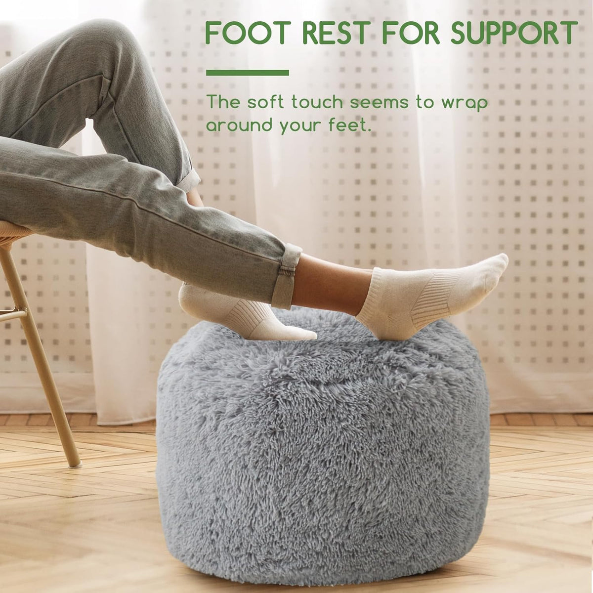 HIGOGOGO Round Stuffed Pouf Ottoman, Long Faux Fur Poufs with Foam Chunk Filling, Fluffy and Furry