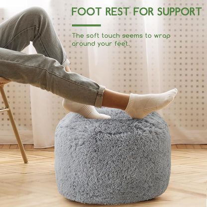 HIGOGOGO Round Stuffed Pouf Ottoman, Long Faux Fur Poufs with Foam Chunk Filling, Fluffy and Furry