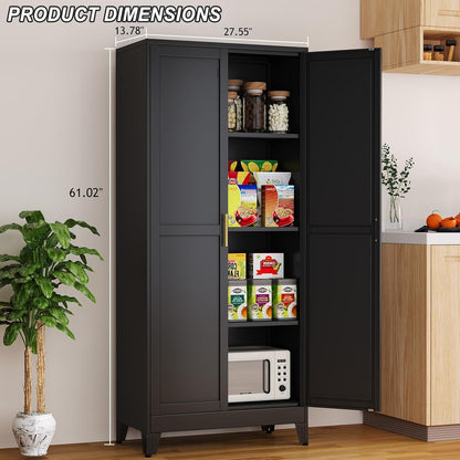 Metal Pantry Cabinet with 2 Doors and Adjustable Shelves, 61"Kitchen Storage Cabinet with Gold