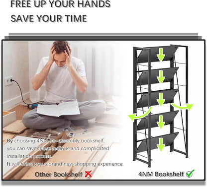 4NM No Assembly Foldable Bookshelf, 5-Shelf Collapsible Bookcase Storage for Small Spaces, 62.2" H