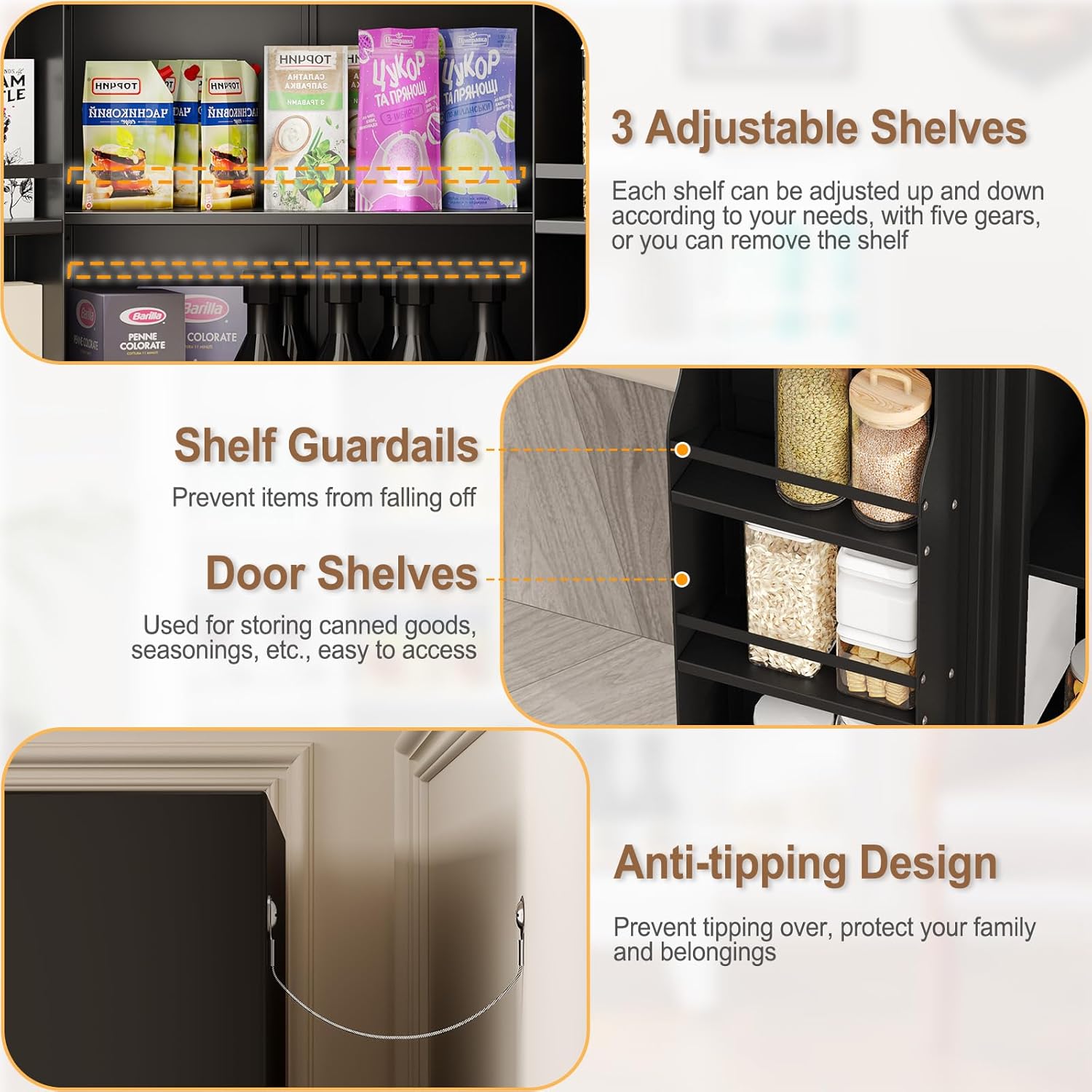 51" Metal Kitchen Pantry Cabinet, Storage Cabinets with 2 Door and 3 Adjustable Shelves, Black
