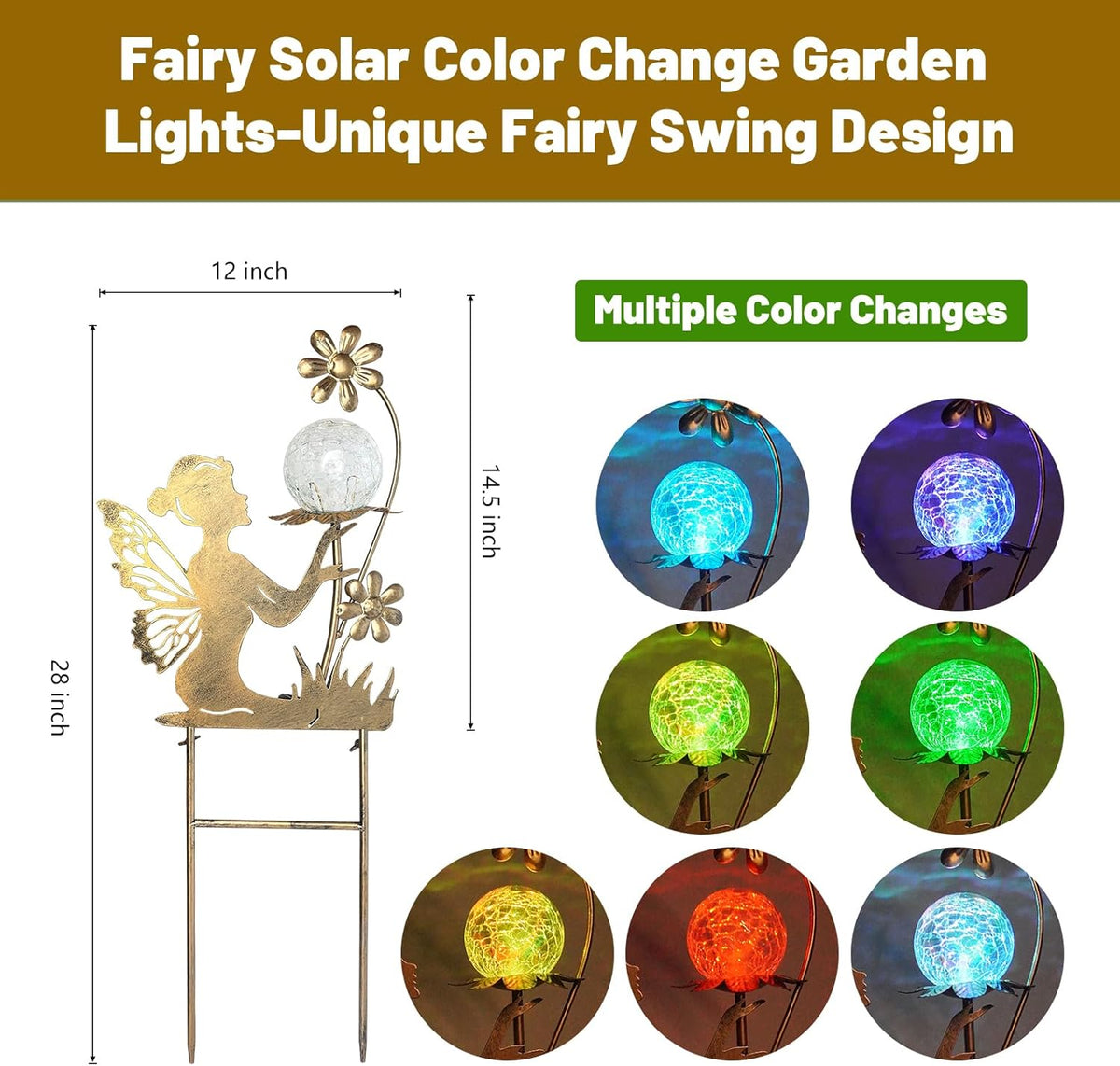 HONGLAND Solar Garden Lights Outdoor Decor, Fairy Figurine Moon Crackle Glass Lights Stake