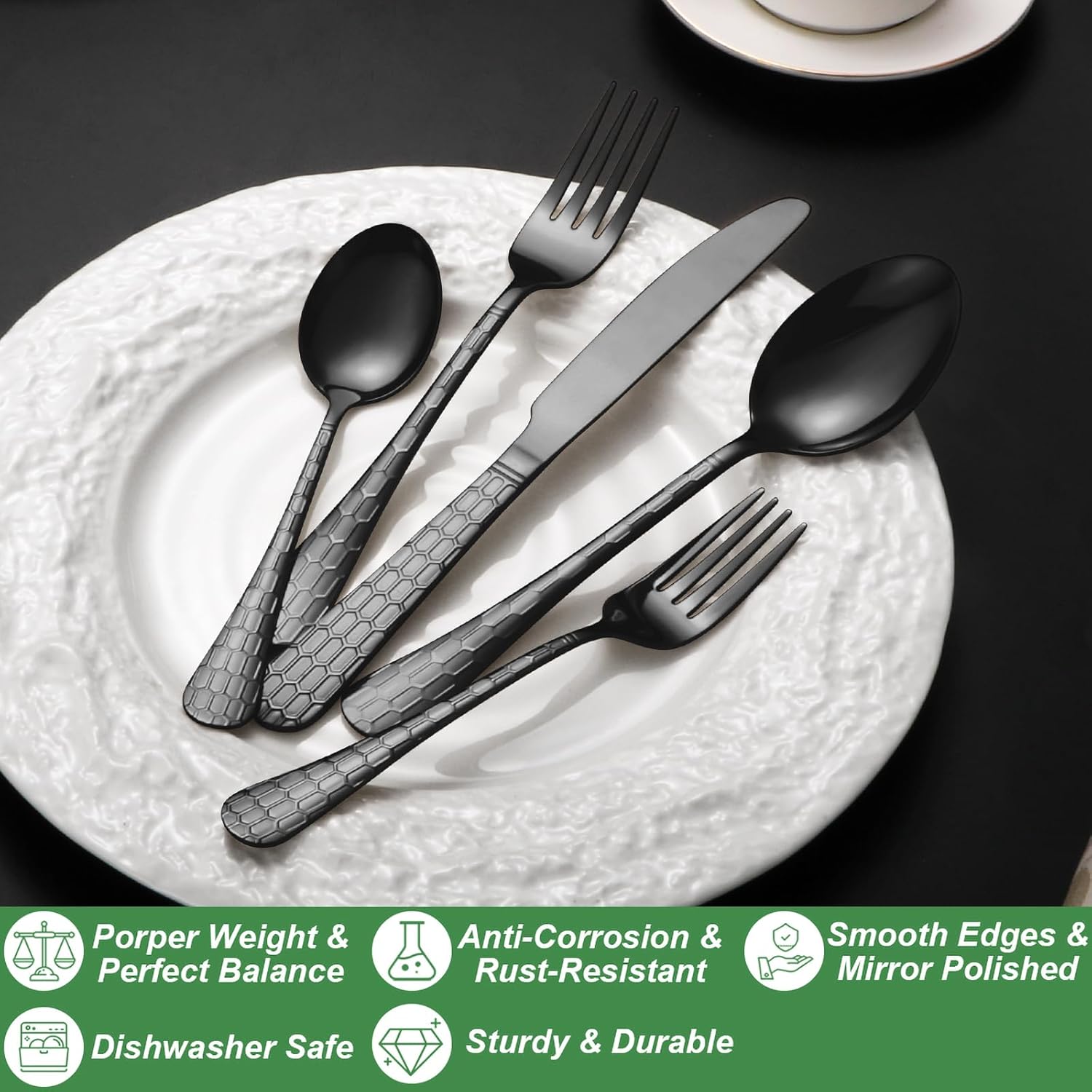 20 Pcs Black Silverware Set for 4 with Water Cube Handle design, Food Grade Stainless Steel
