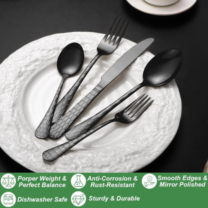20 Pcs Black Silverware Set for 4 with Water Cube Handle design, Food Grade Stainless Steel