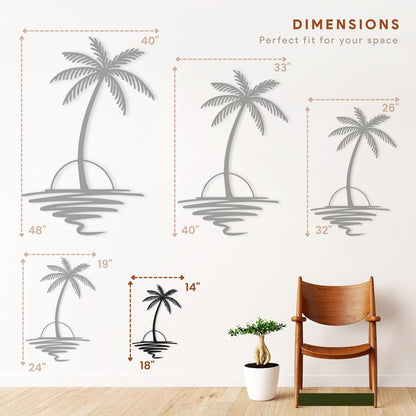 Metal Palm Tree with Sunset Wall Art, Large Outdoor Wall Decor, Tropical Beach Coastal Decor for
