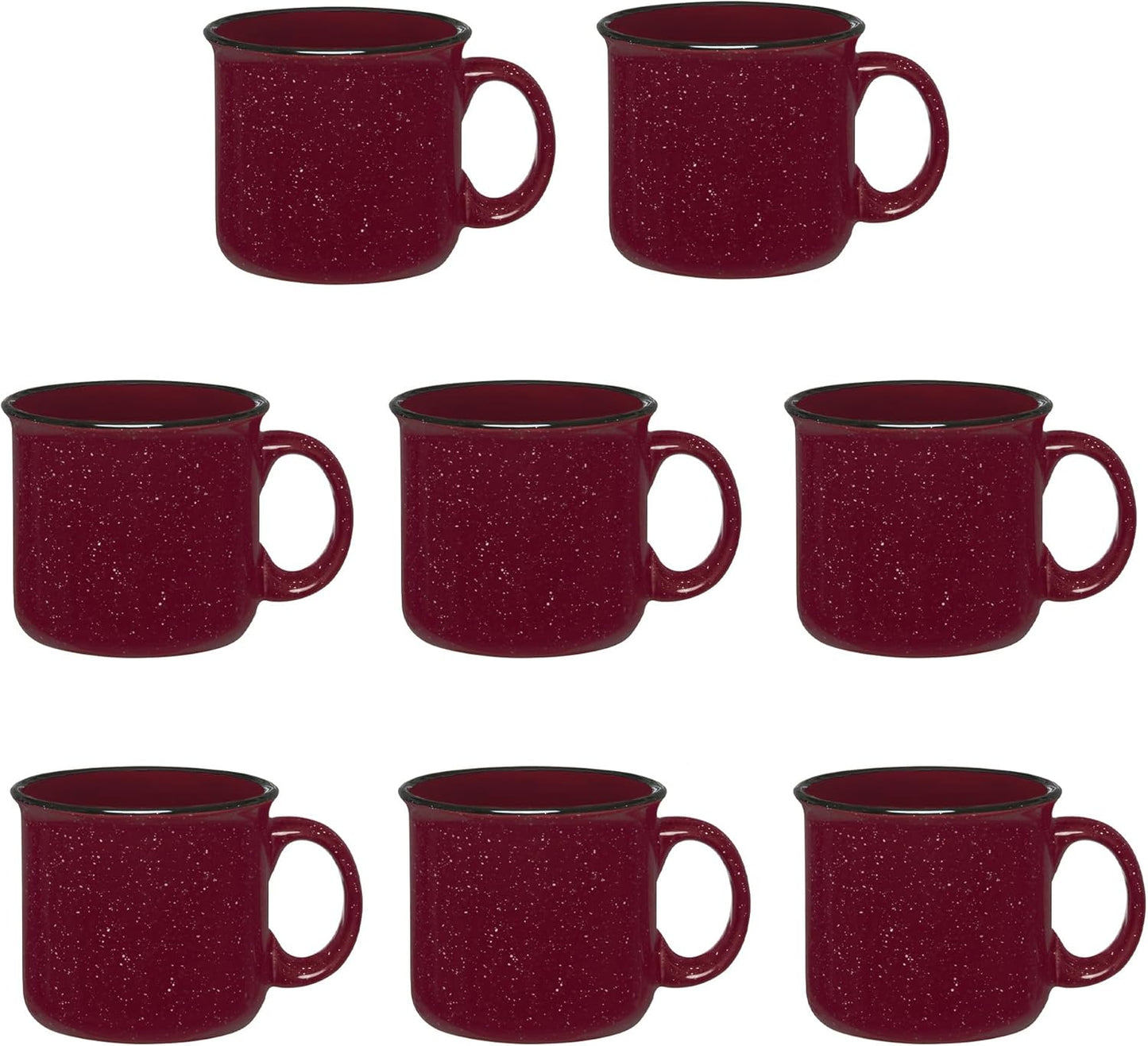 Set of 8 Ceramic Campfire Mugs – 15 Oz, Maroon – Coffee & Tea Cups for Home, Work, Travel, Camping