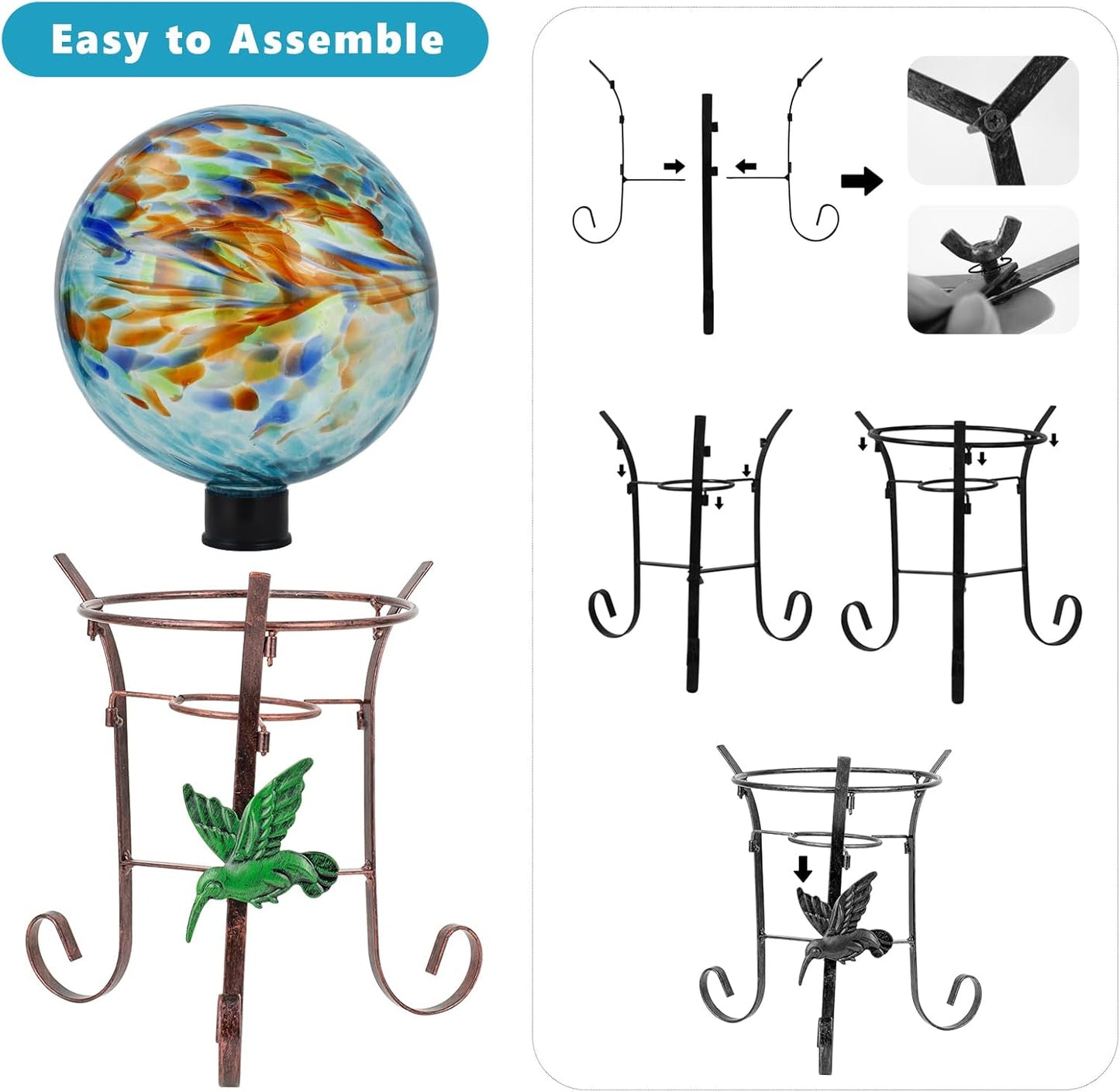 10 Inch Glass Gazing Ball, with 9.4" Tall Metal Gazing Globe Stand, Glass Balls Display Holder Set