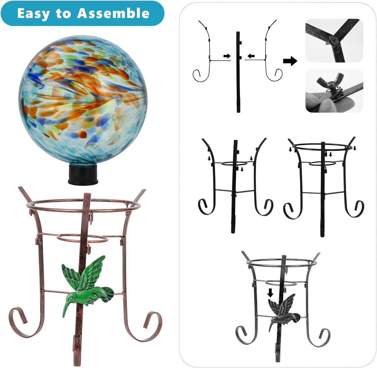 10 Inch Glass Gazing Ball, with 9.4" Tall Metal Gazing Globe Stand, Glass Balls Display Holder Set