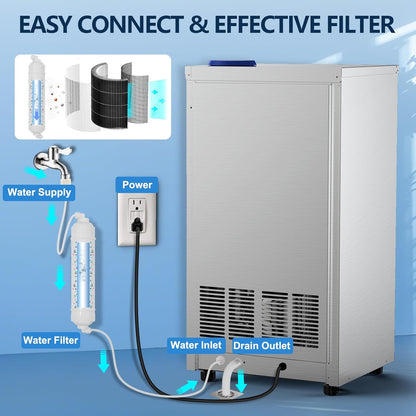 Commercial Ice Maker Machine, 150Lbs/24H with 45Lbs Storage, Fast Ice Making in 8-15Mins, Stainless