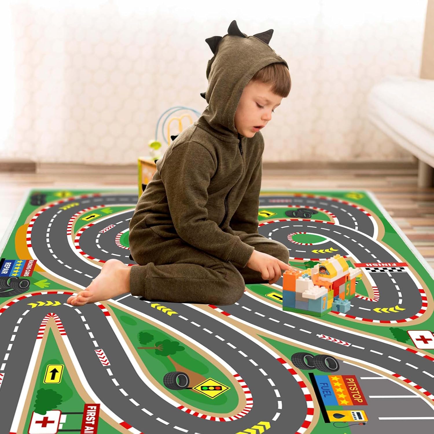 Kids Rug Play Mat Playroom Rugs Car Rugs for Kids Toy Cars Race Track for Classroom Rug(Race-Green