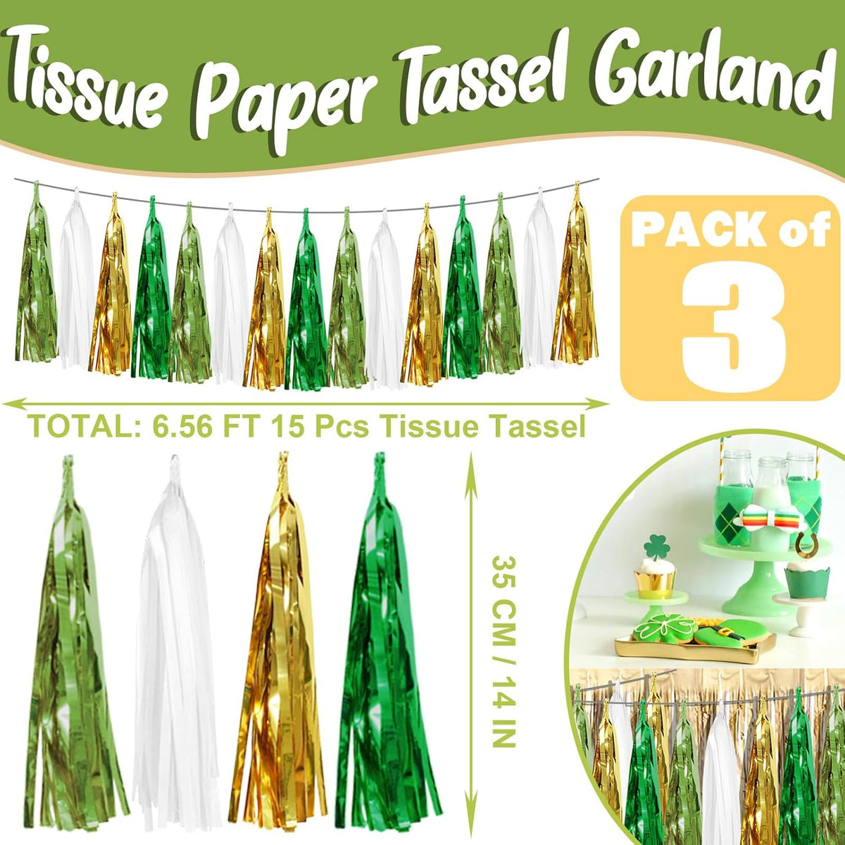 3P Sage-Green Beige-Mint Gold Foil Fringe Metallic Tassel Garland Banner, Tassels Banner Streamers