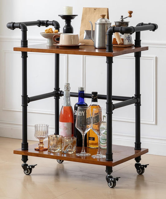 Industrial Pipe Bar Carts/Serving Carts/Kitchen Carts/Wine Rack Carts on Wheels with Shelves - Wood