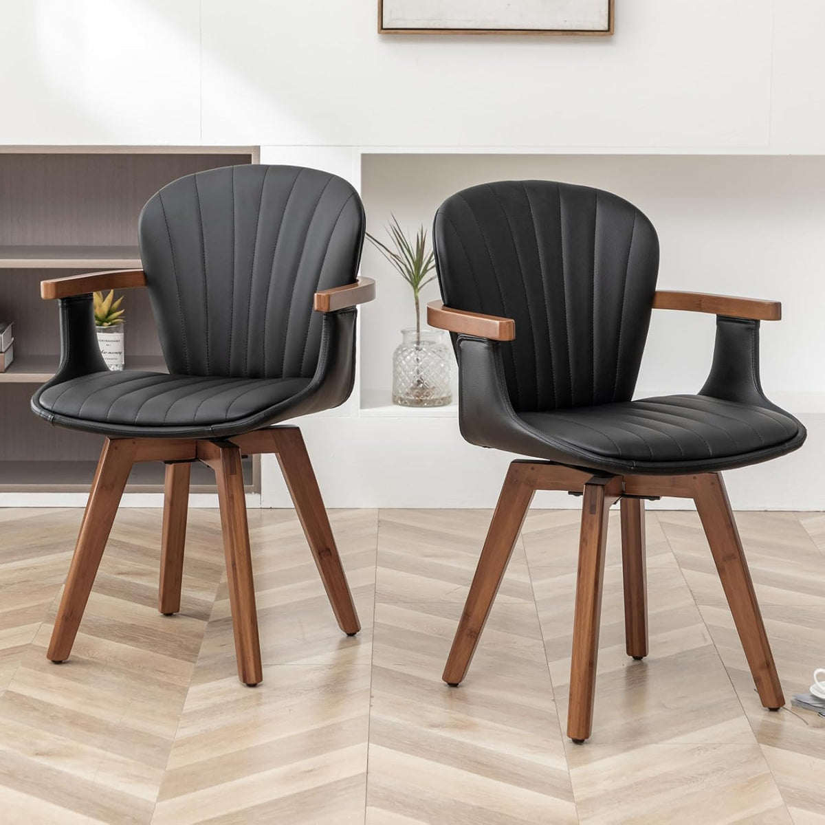 LUNLING Swivel Dining Chairs Set of 4, Mid Century Modern Black Faux Leather Kitchen Chairs with