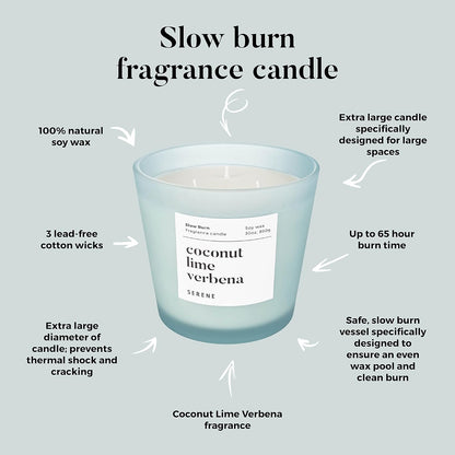 Hidden Label Large Scented Candle, Coconut Lime Verbena, 30oz 3 Wick Huge Candle, Serene Collection
