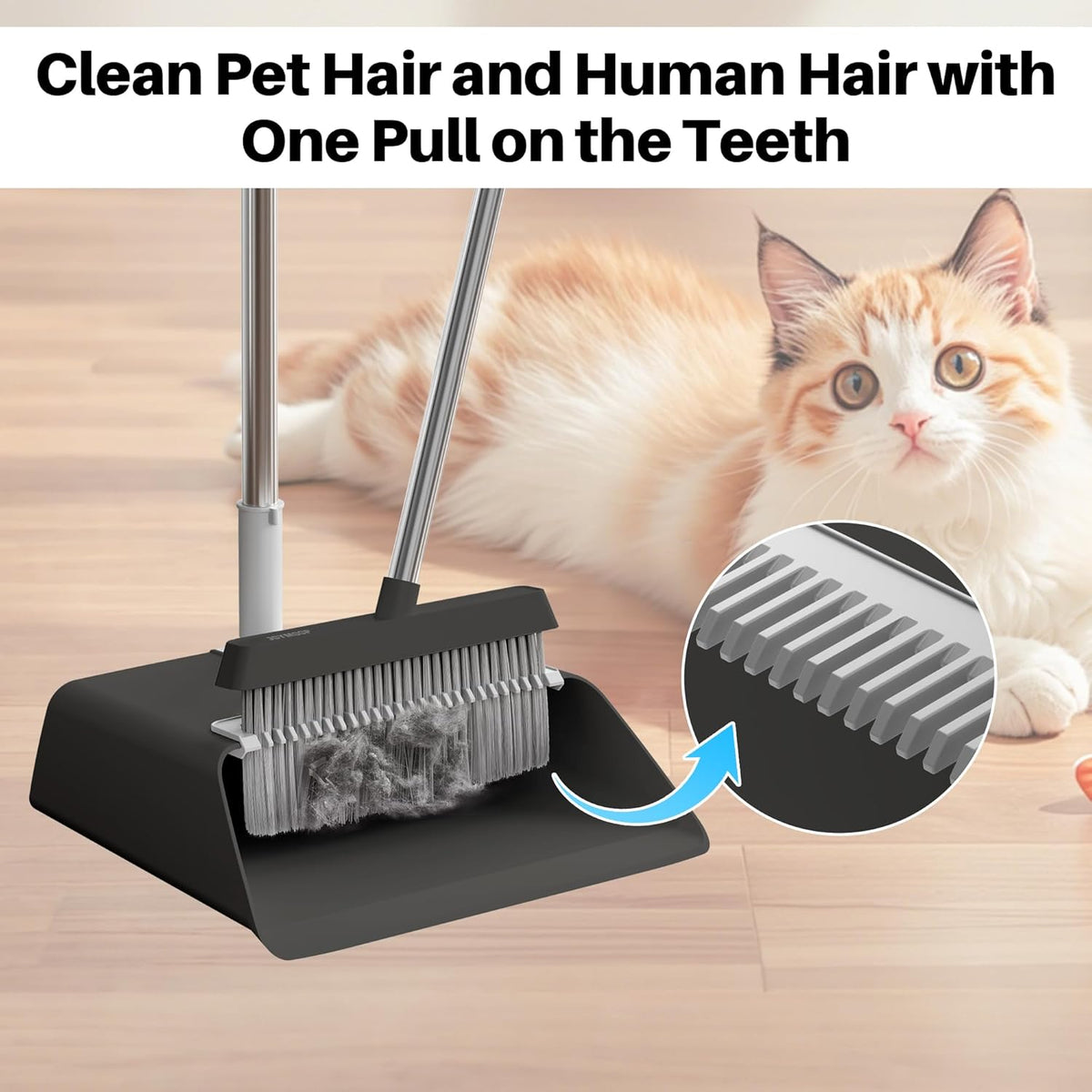 JOYMOOP Black Broom and Dustpan Set, Upright Angle Design with Built-in Comb Teeth for Home