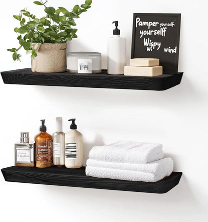 24"x6.8"x1.6" Slanted Floating Wall Shelves 2-Pack - Rustic Black Finish, Heavy-Duty Solid Wood