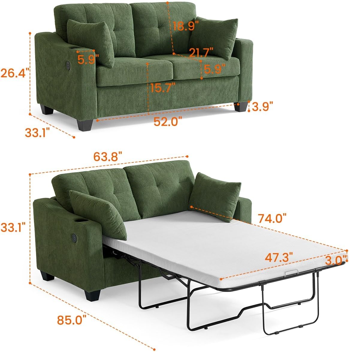 Pull Out Sofa Bed, Full Size Sleeper Sofa, 2-in-1 Convertible Corduroy Couch with USB Charging