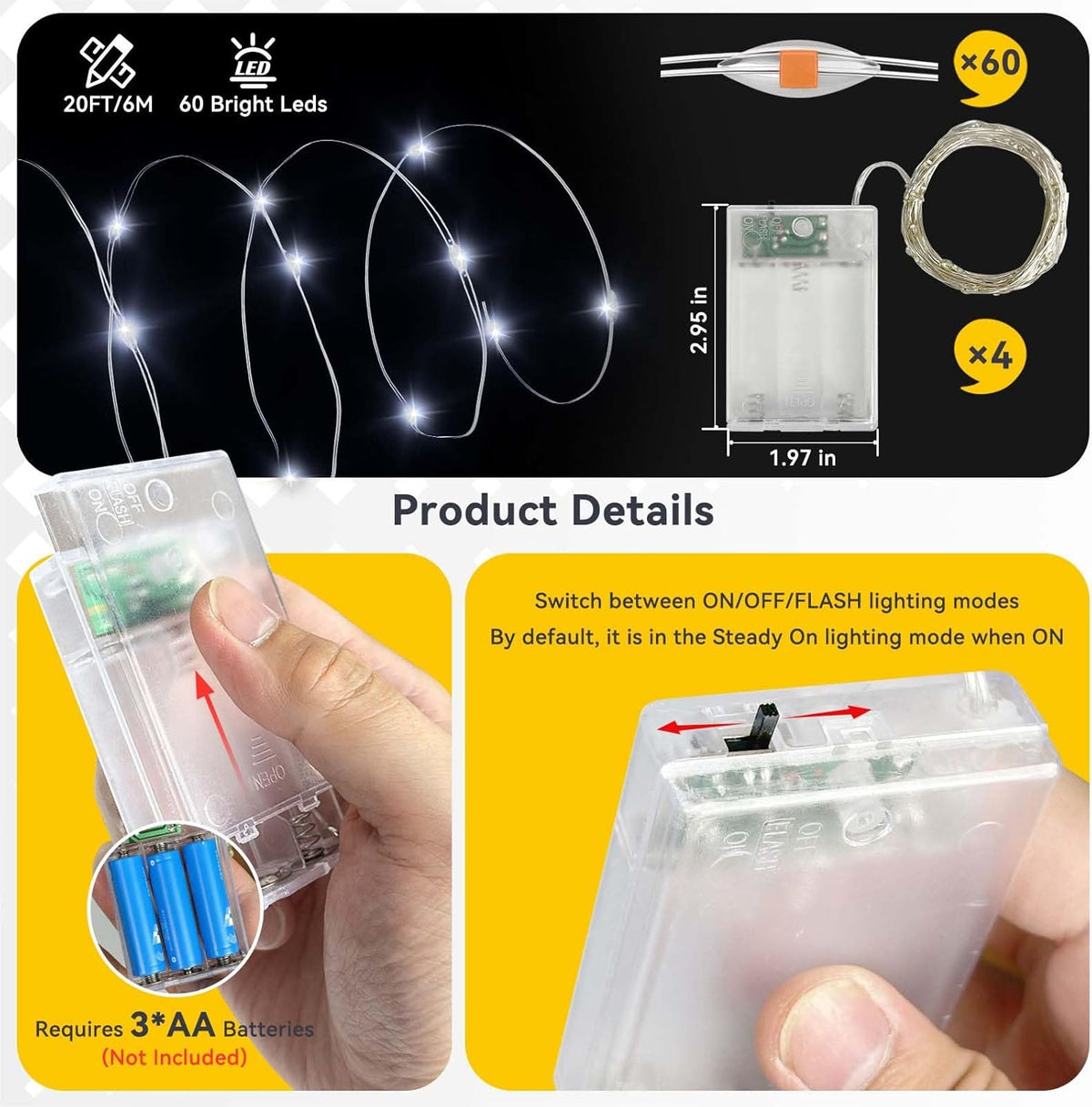 4 Pack 60LED Christmas Fairy Lights Battery Operated - 20FT Twinkle Lights with 2 Lighting Modes