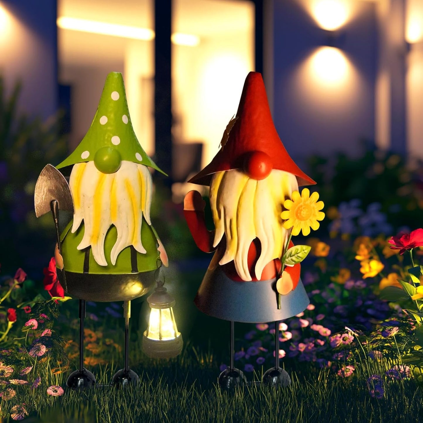 HONGLAND Solar Metal Gnome Yard Art -18 Inch Garden Gnomes Statues Outdoor Decor with Solar Lantern