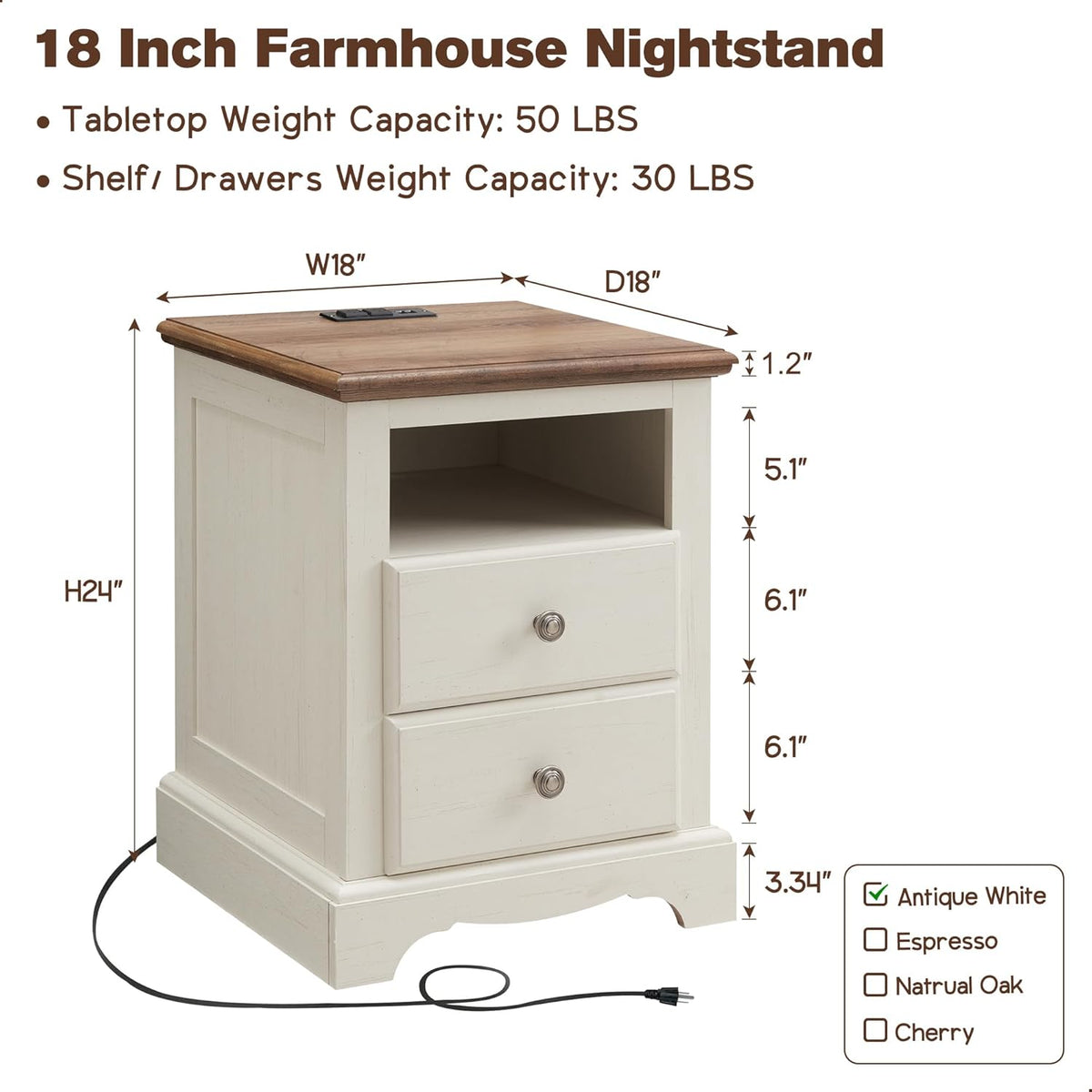 T4TREAM Nightstand with Charging Station, 18 Inch Vintage End Table with 2 Drawers, Wood Rustic