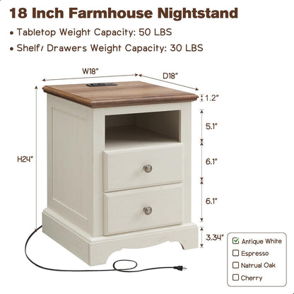 T4TREAM Nightstand with Charging Station, 18 Inch Vintage End Table with 2 Drawers, Wood Rustic