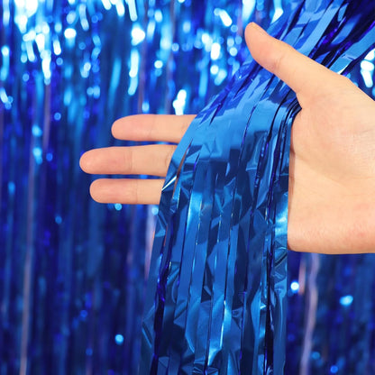 3 Pack 3.3x8.2 Feet Blue Foil Fringe Backdrop Curtains, Tinsel Streamers Birthday Party
