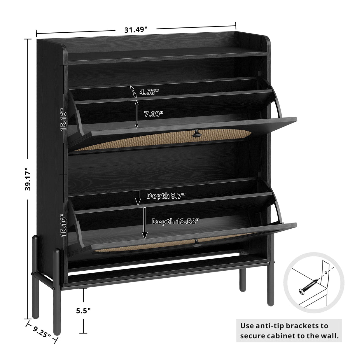 IRONCK Rattan Shoe Cabinet Storage with 2 Flip Drawers, Black