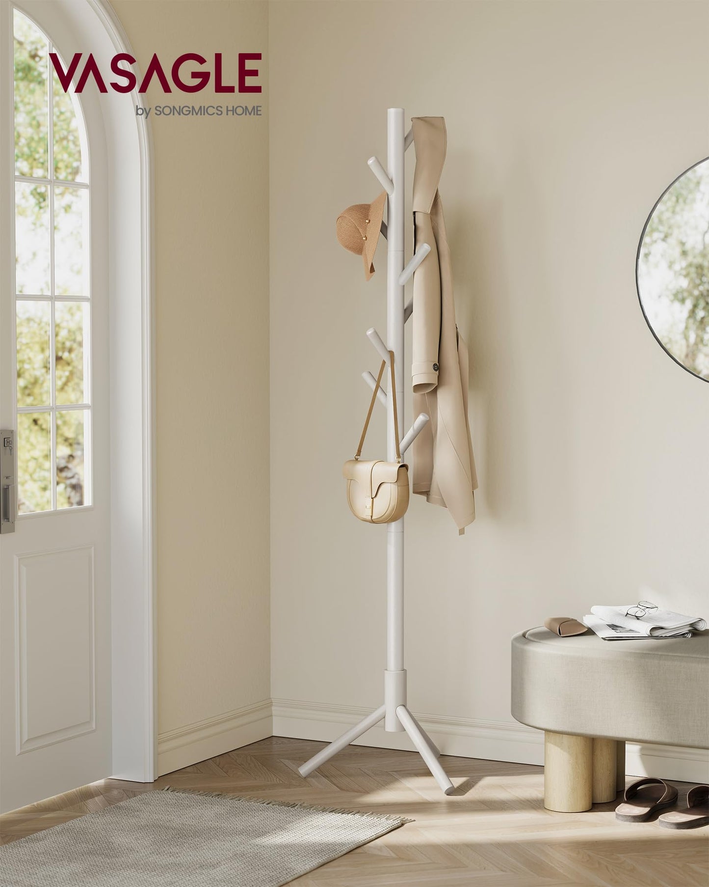 VASAGLE Solid Wood Coat Rack, Free Standing Tree-Shaped Coat Rack with 8 Hooks, 3 Height Options