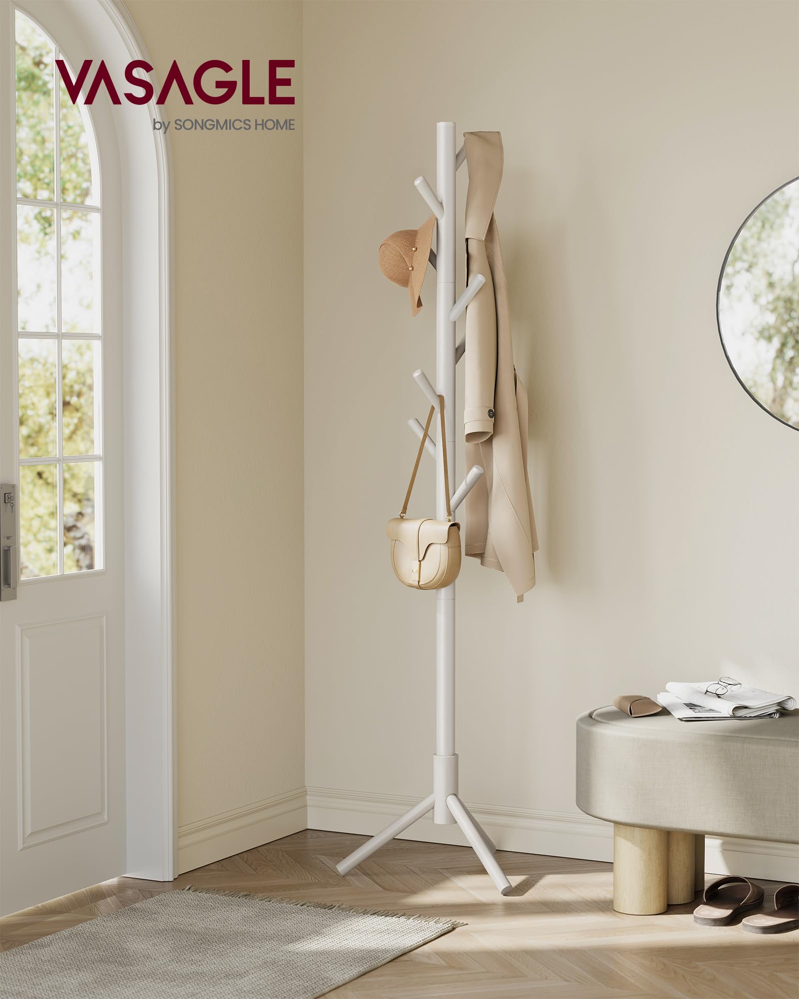 VASAGLE Solid Wood Coat Rack, Free Standing Tree-Shaped Coat Rack with 8 Hooks, 3 Height Options