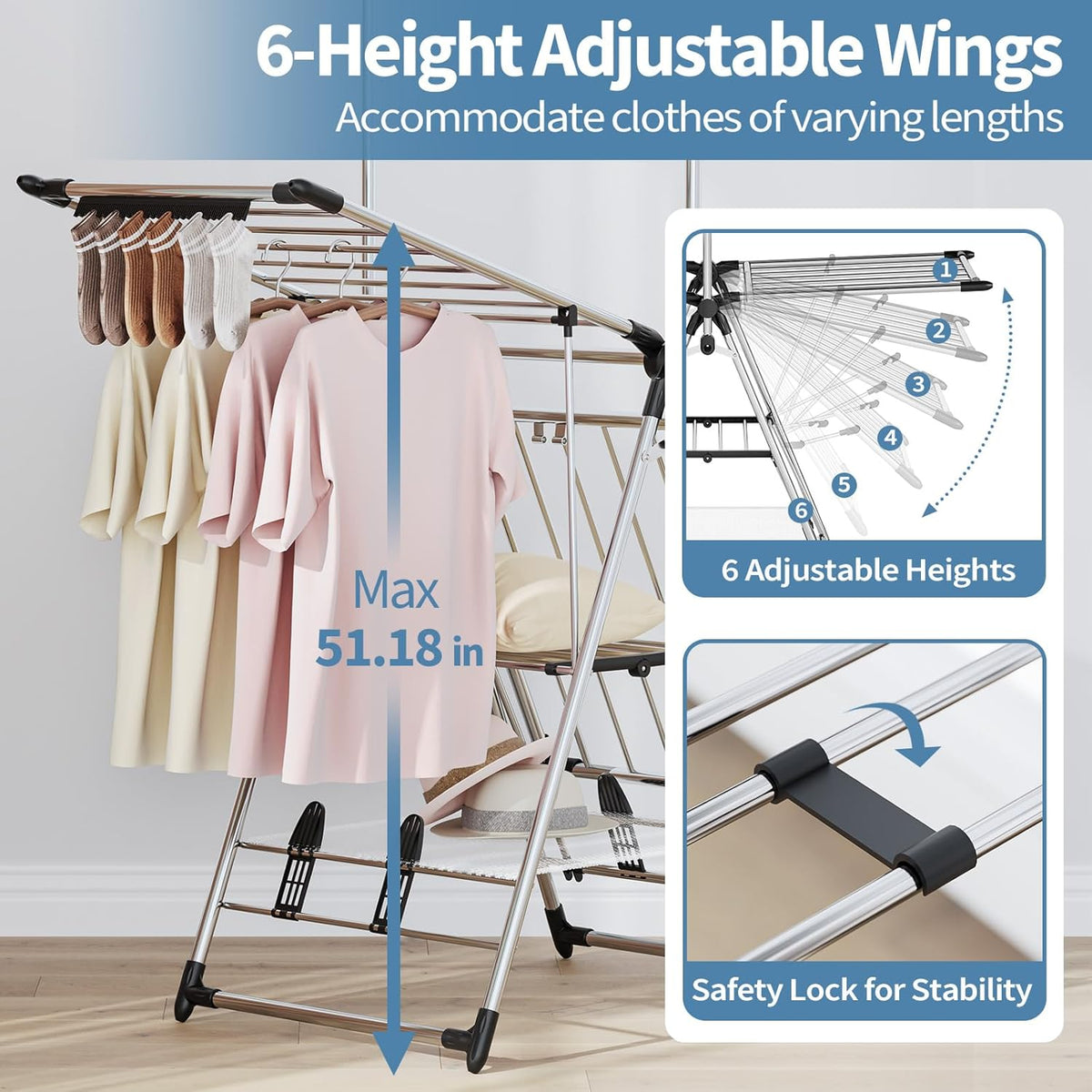 APEXCHASER Clothes Drying Rack with High Hanger, Foldable 3-Level Drying Racks with Shoe Rack