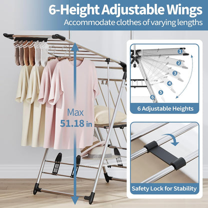 APEXCHASER Clothes Drying Rack with High Hanger, Foldable 3-Level Drying Racks with Shoe Rack