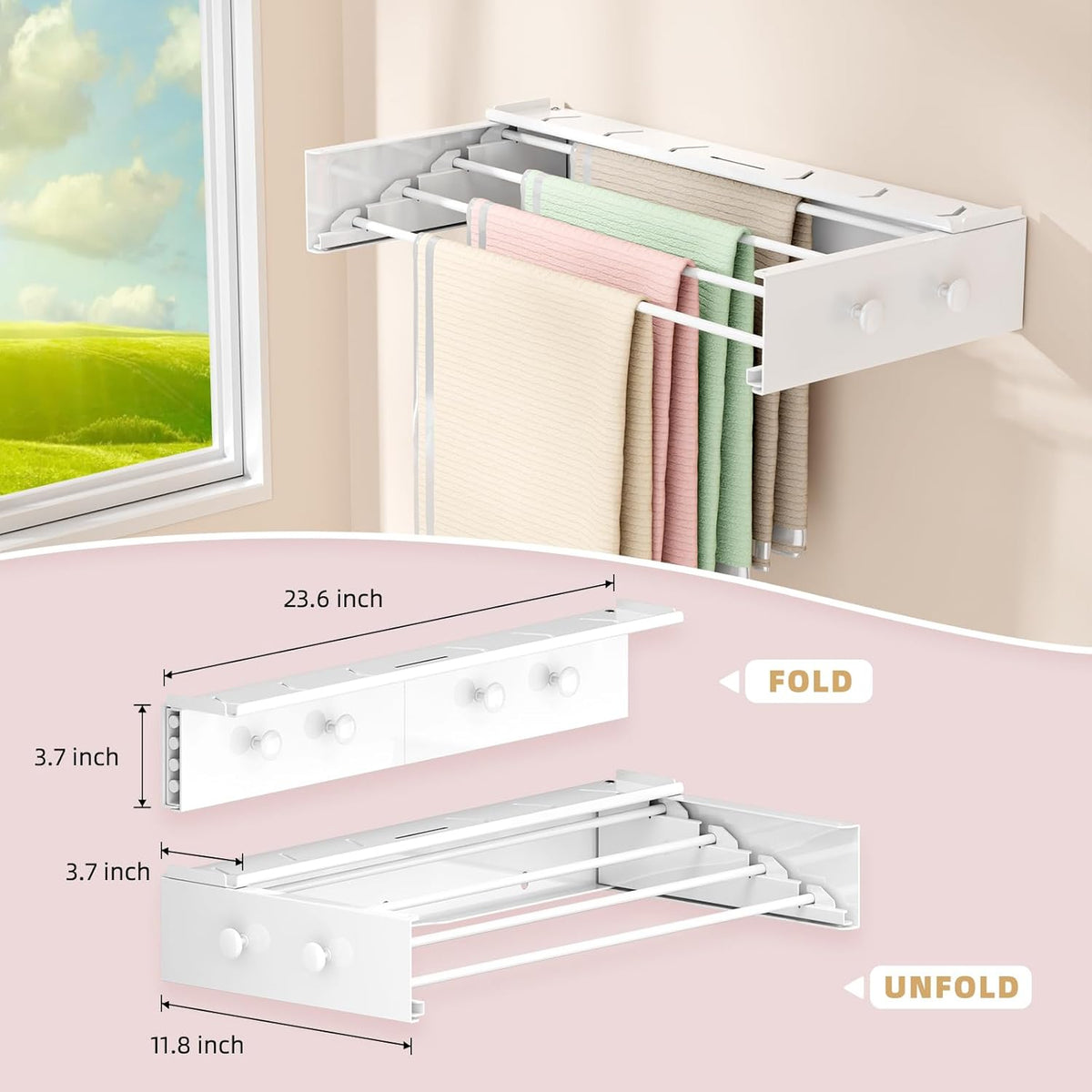 Wall Mounted Drying Rack with 4 Hooks and Shelf, Foldable Clothes Drying Rack for Laundry Room