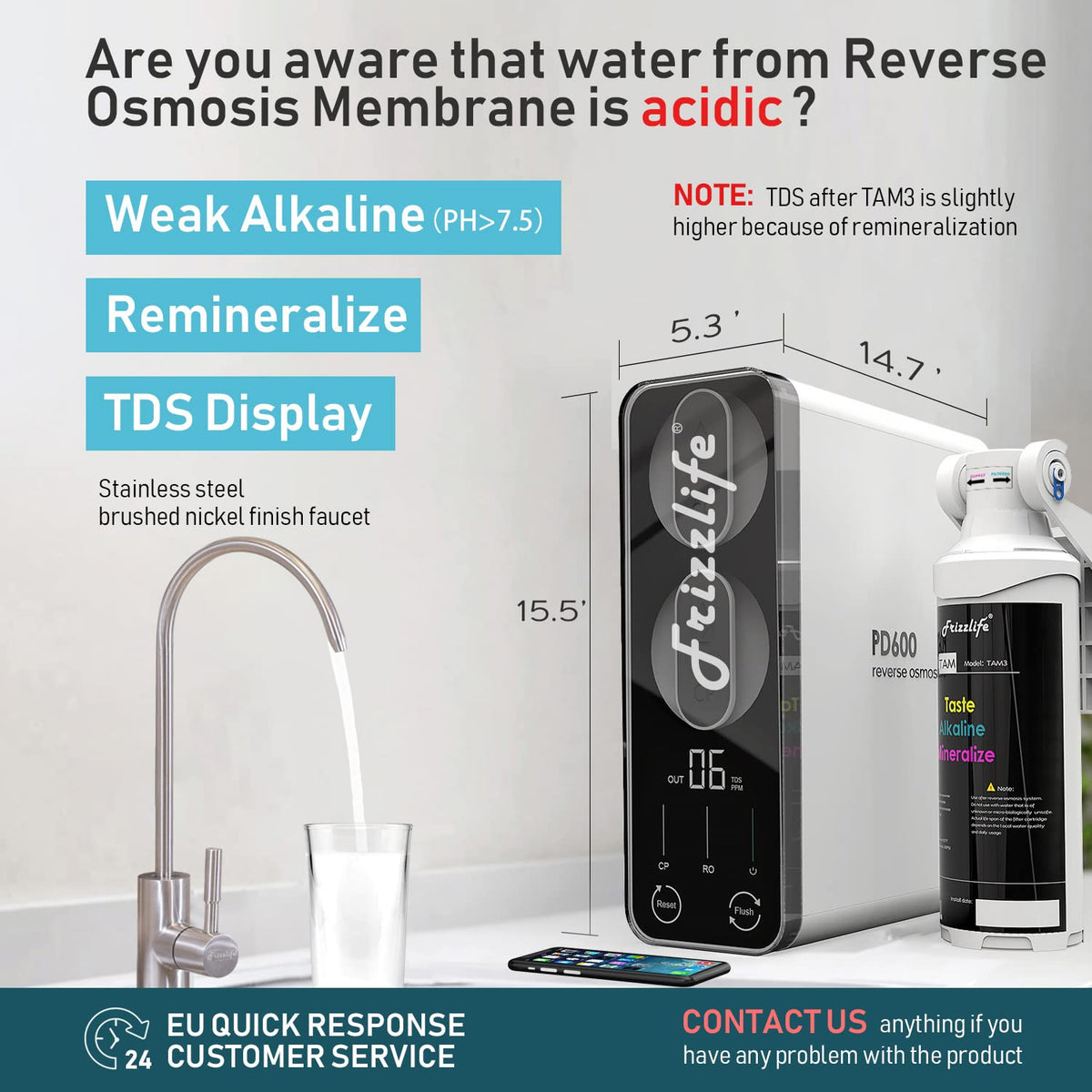 Frizzlife Reverse Osmosis Water Filter - Alkaline Mineral pH+, 600 GPD High Flow, Tankless RO