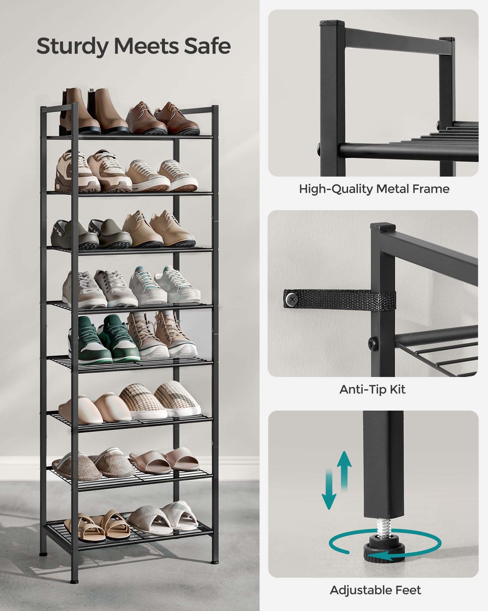 SONGMICS 8-Tier Metal Shoe Rack, Vertical Shelf, Holds up to 20 Pairs