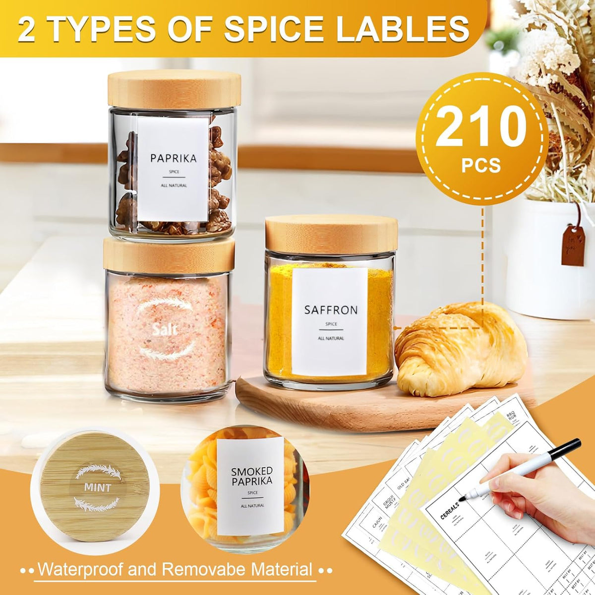 AISIPRIN Spice Jars with Label,12 Pcs 8oz Glass Jars with Bamboo Lids,Spice Organizer for