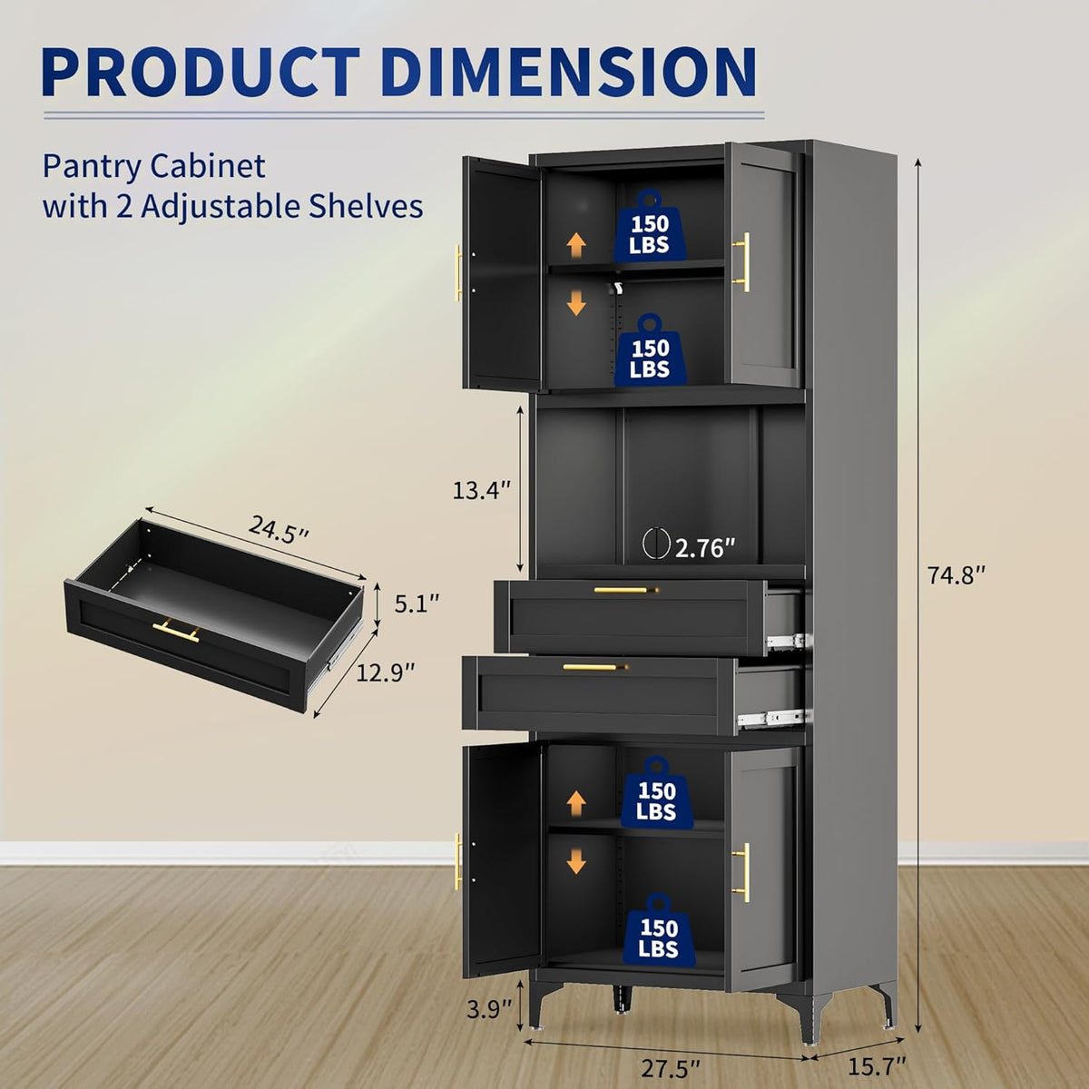 75” Tall Kitchen Pantry Storage Cabinet, Metal Storage Cabinet with 2 Drawers and Adjustable