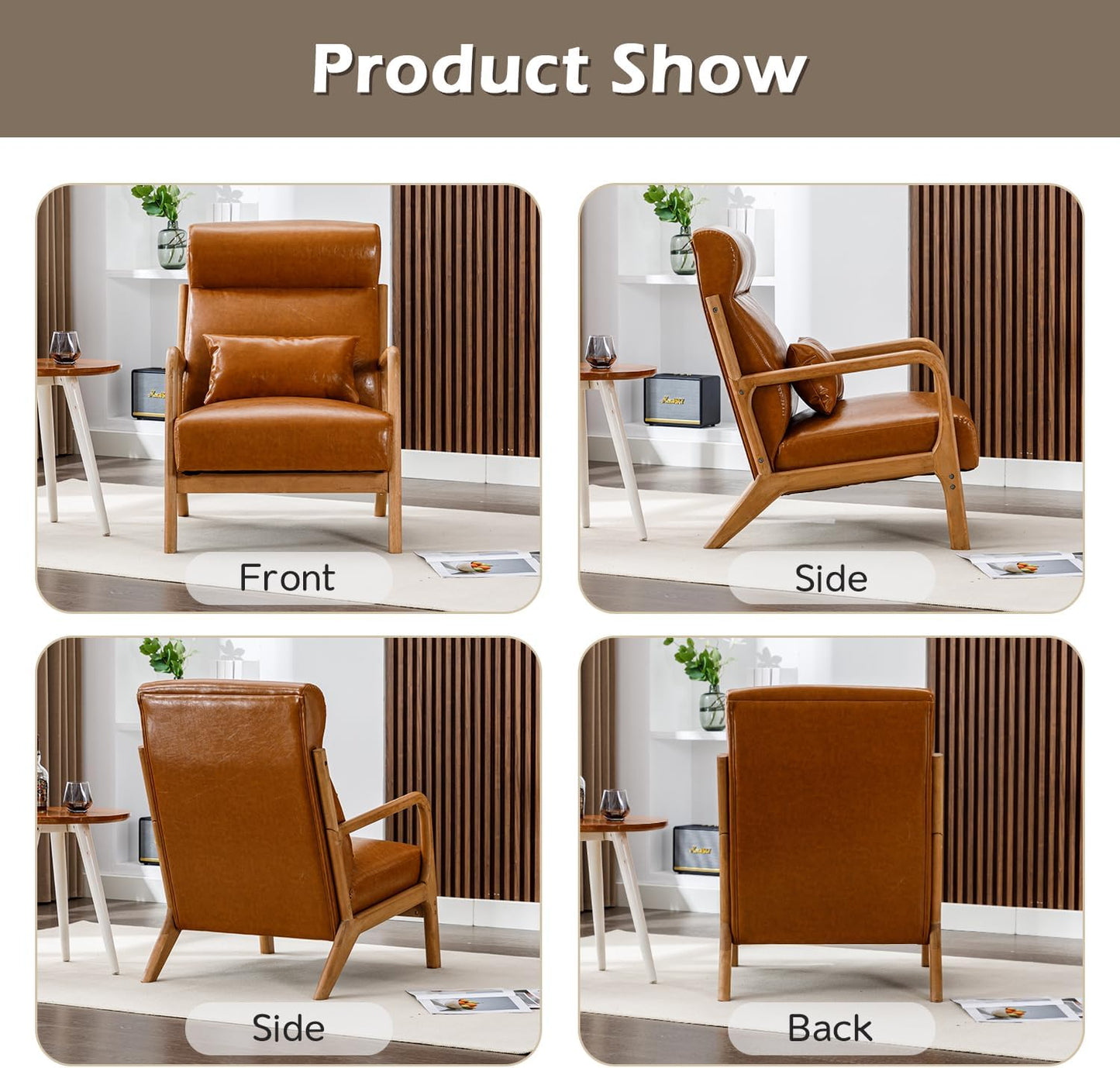 INZOY Mid Century Modern Accent Chair Set of 2, High Back Reading Armchair with Wood Frame, PU