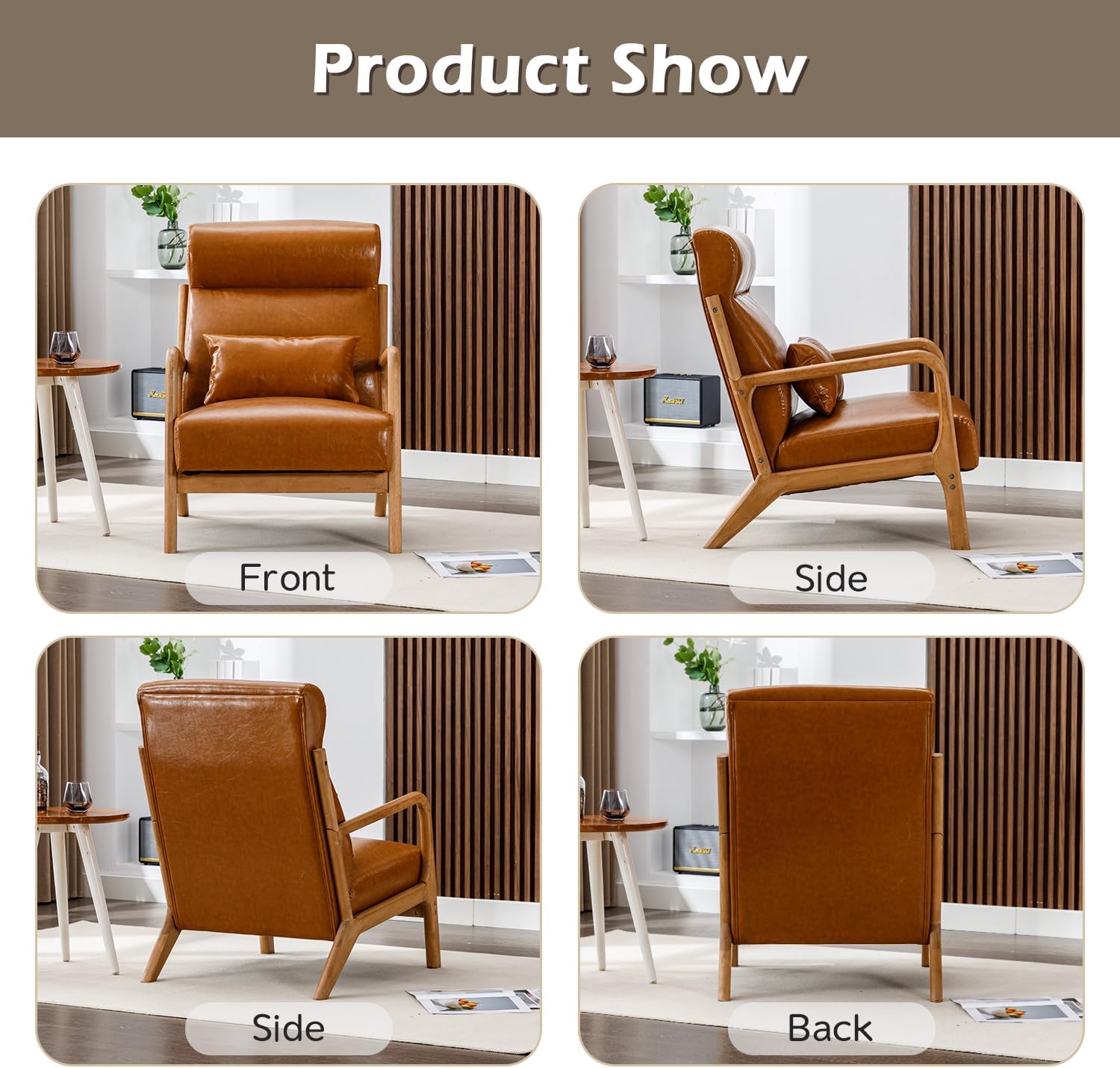 INZOY Mid Century Modern Accent Chair with High Back, PU Leather Reading Armchair with Waist