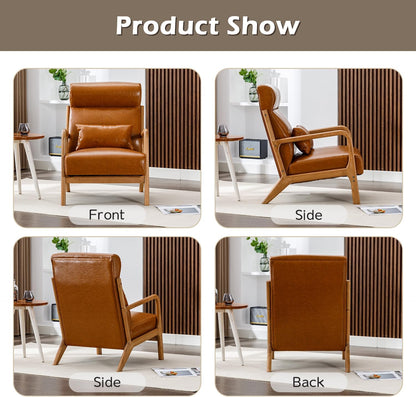 INZOY Mid Century Modern Accent Chair with High Back, PU Leather Reading Armchair with Waist