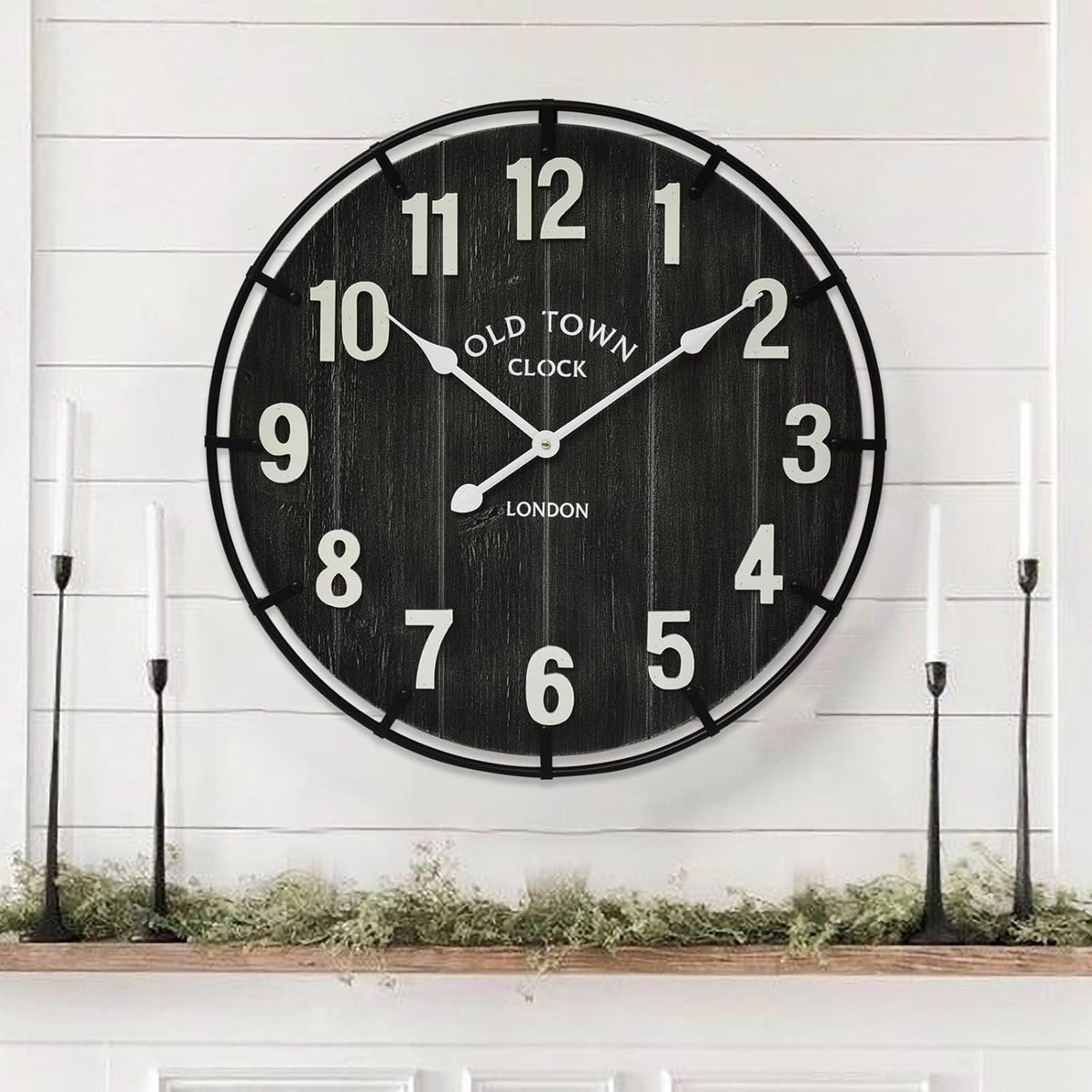 Large Old Town Farmhouse Wall Clock – 24 Inches Rustic Antique Wood with Metal Circle and Large